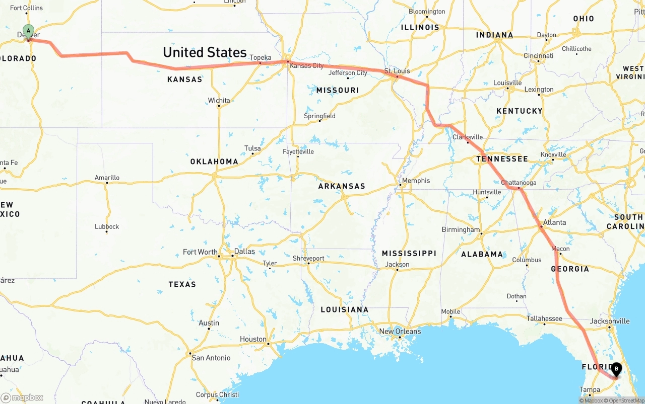 Shipping route from Denver to Orlando