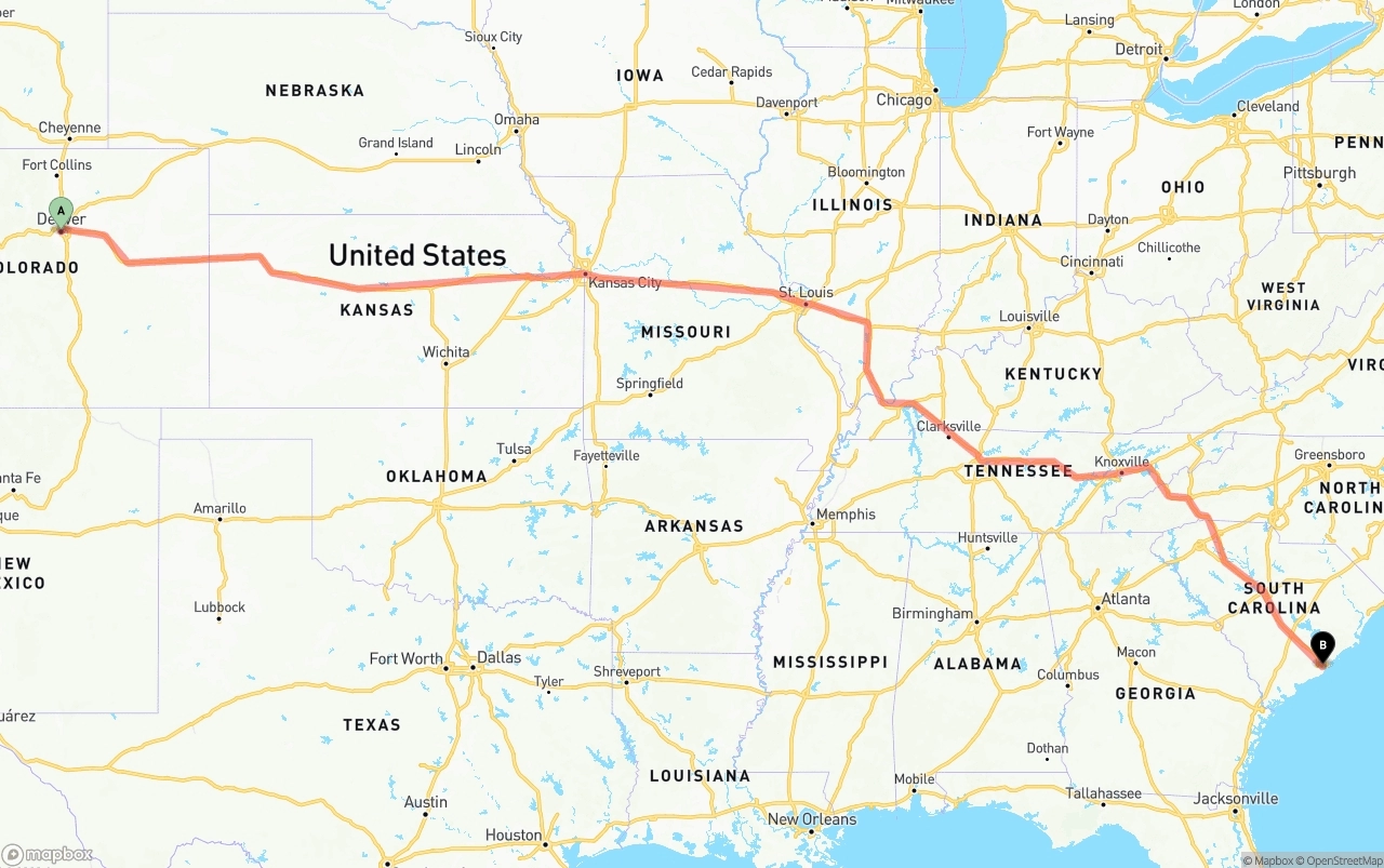 Shipping route from Denver to Port of Charleston