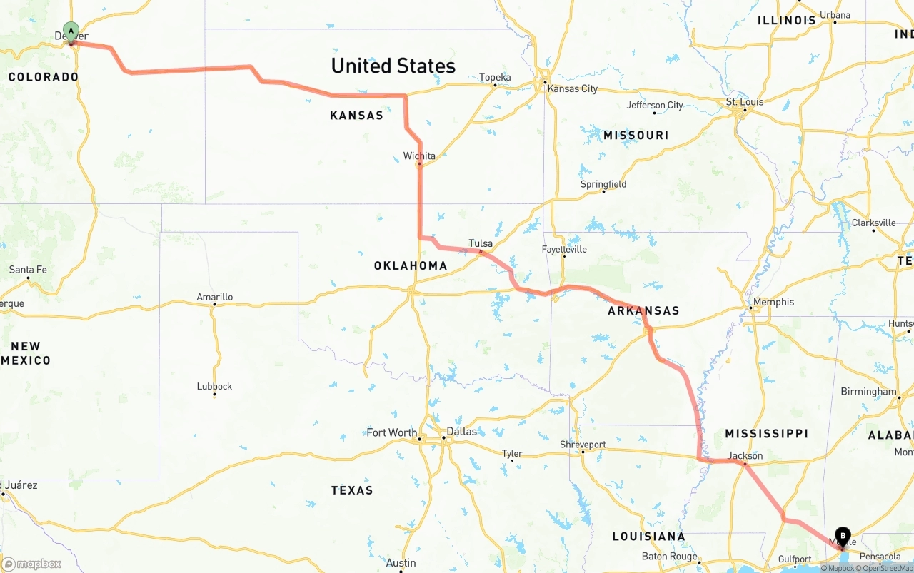 Shipping route from Denver to Port of Mobile