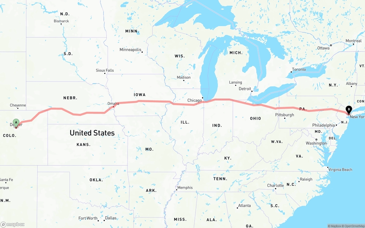 Shipping route from Denver to Port of New York
