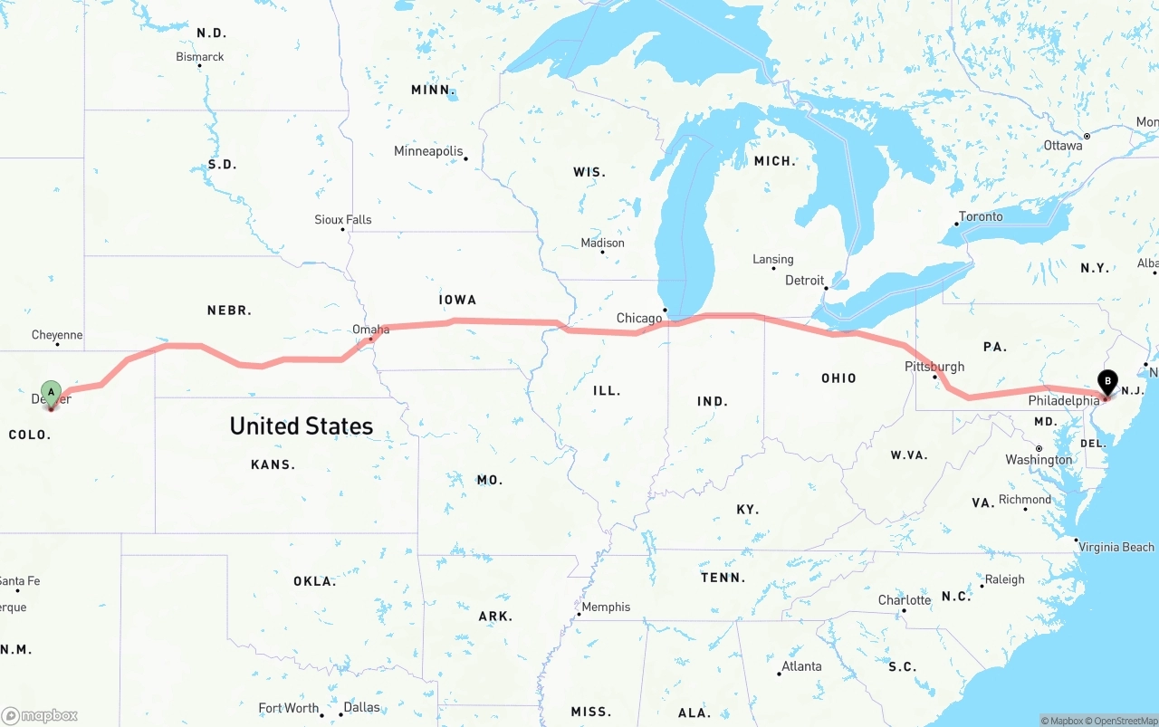 Shipping route from Denver to Port of Philadelphia