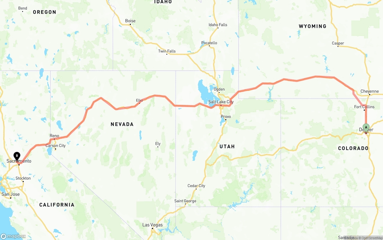 Shipping route from Denver to Sacramento International Airport