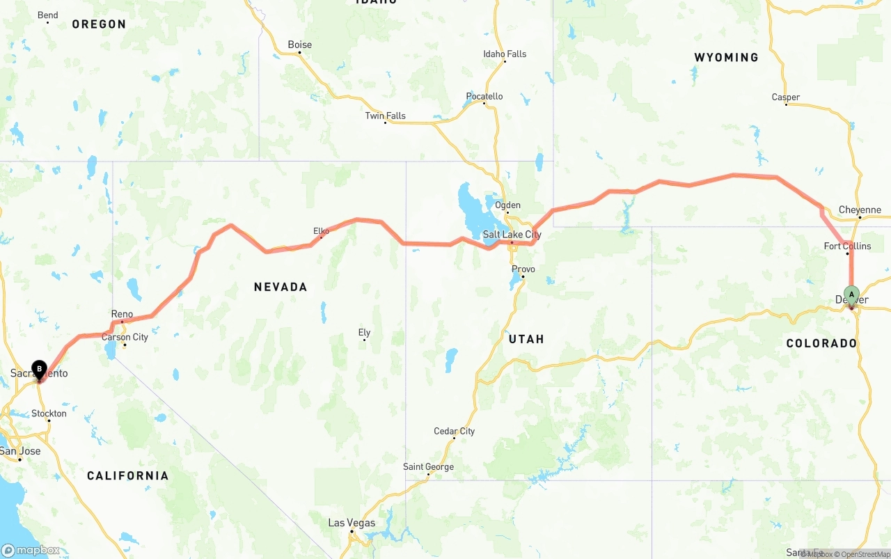 Shipping route from Denver to Sacramento