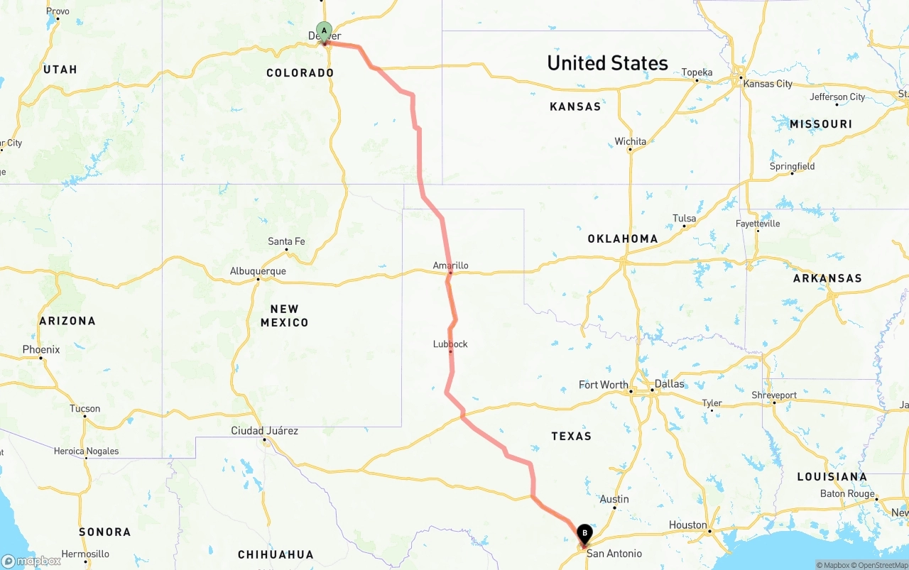 Shipping route from Denver to San Antonio