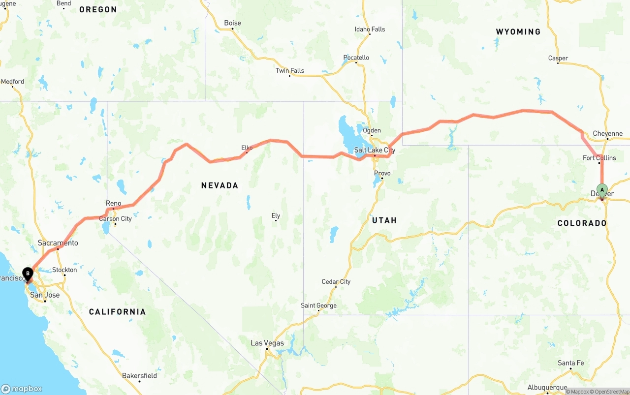 Shipping route from Denver to San Francisco