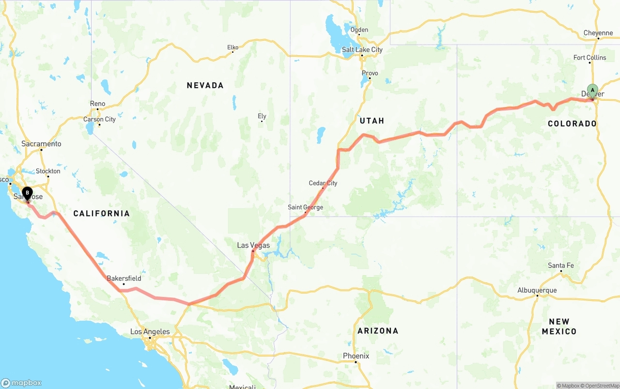 Shipping route from Denver to San Jose