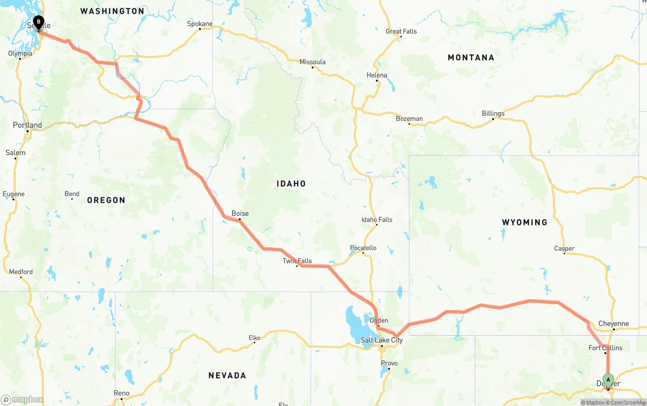 Shipping route from Denver to Seattle