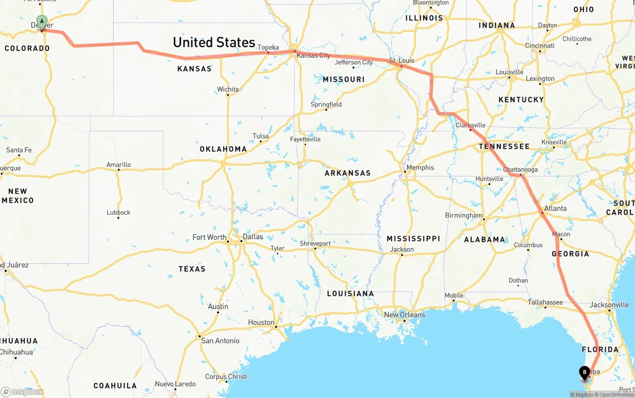 Shipping route from Denver to St. Petersburg