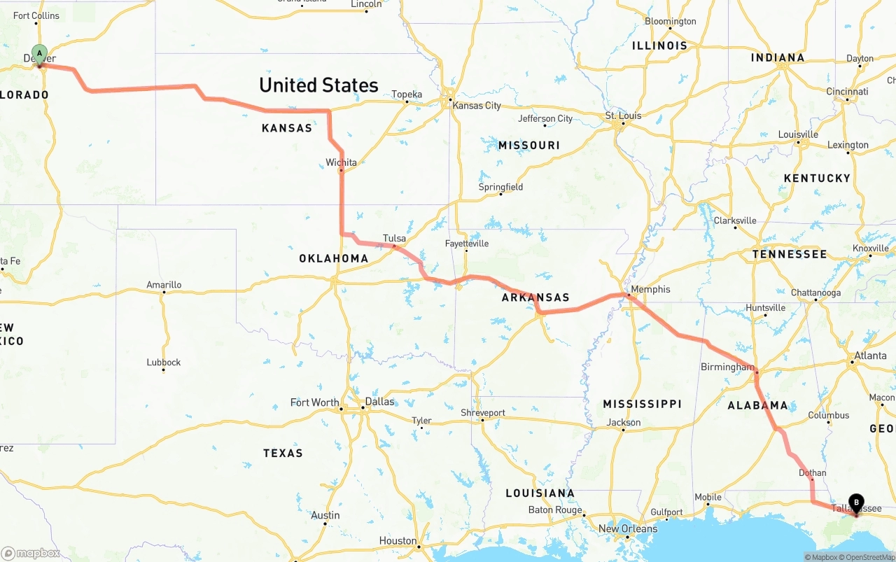 Shipping route from Denver to Tallahassee