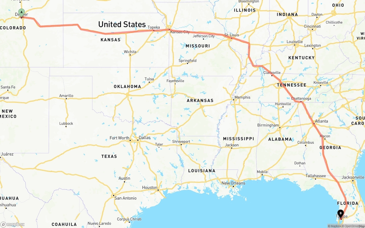 Shipping route from Denver to Tampa International Airport