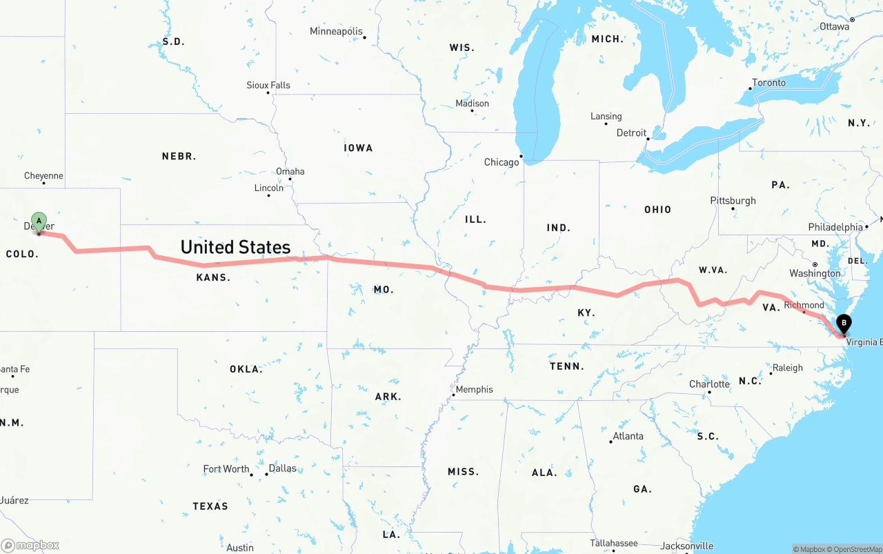 Shipping route from Denver to Virginia Beach