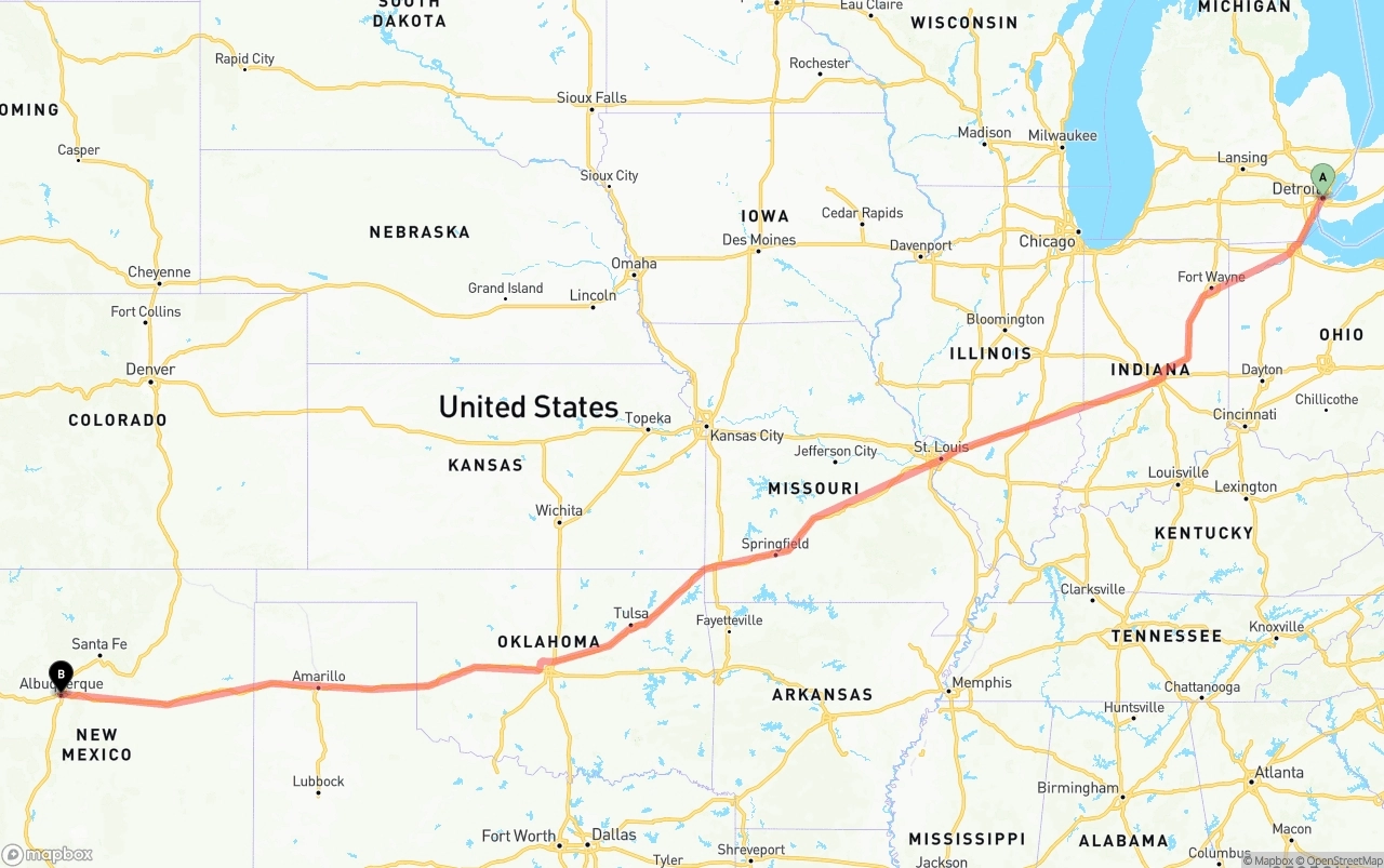 Shipping route from Detroit to Albuquerque