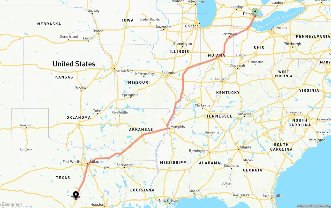 Shipping route from Detroit to Austin