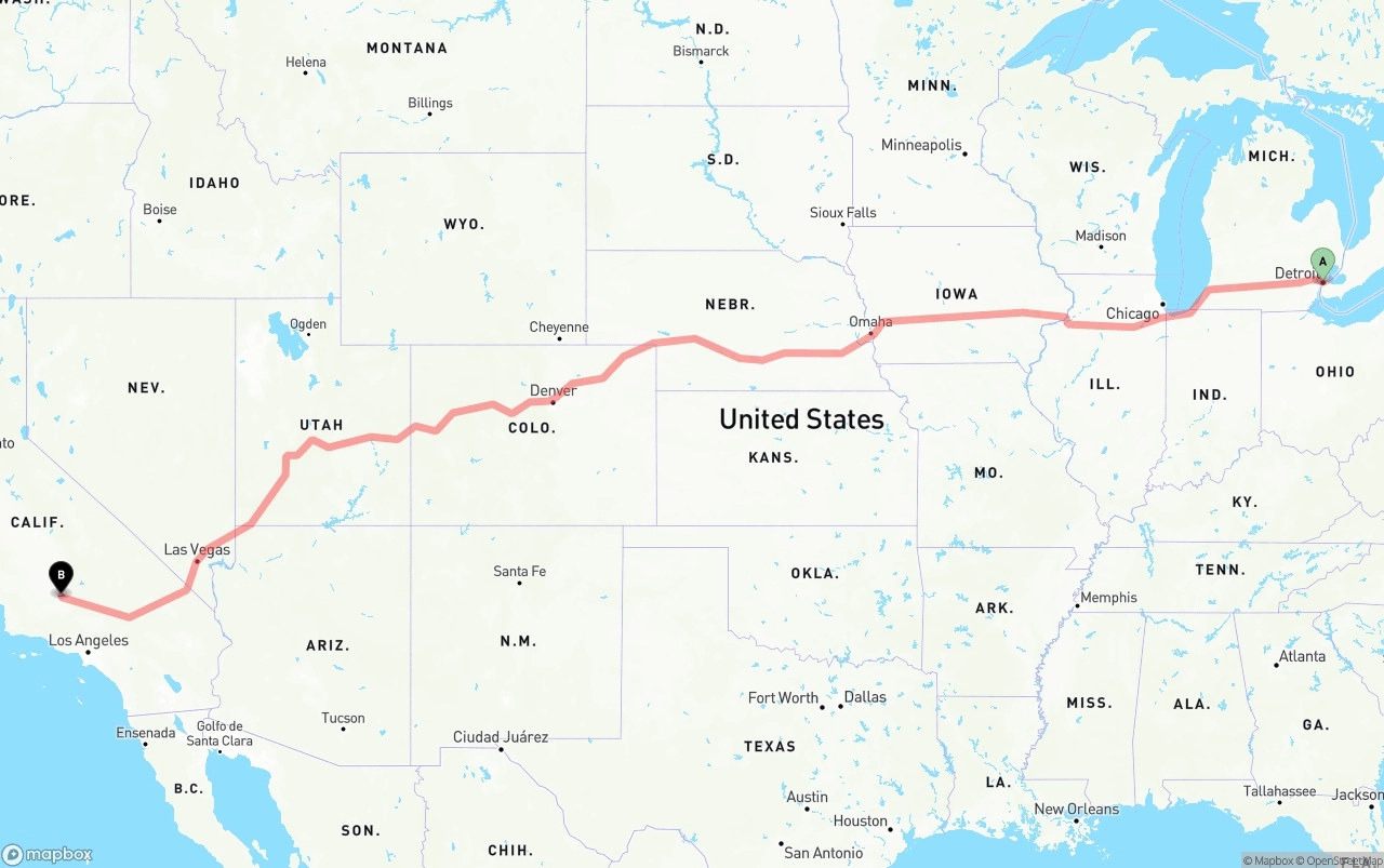 Shipping route from Detroit to Bakersfield
