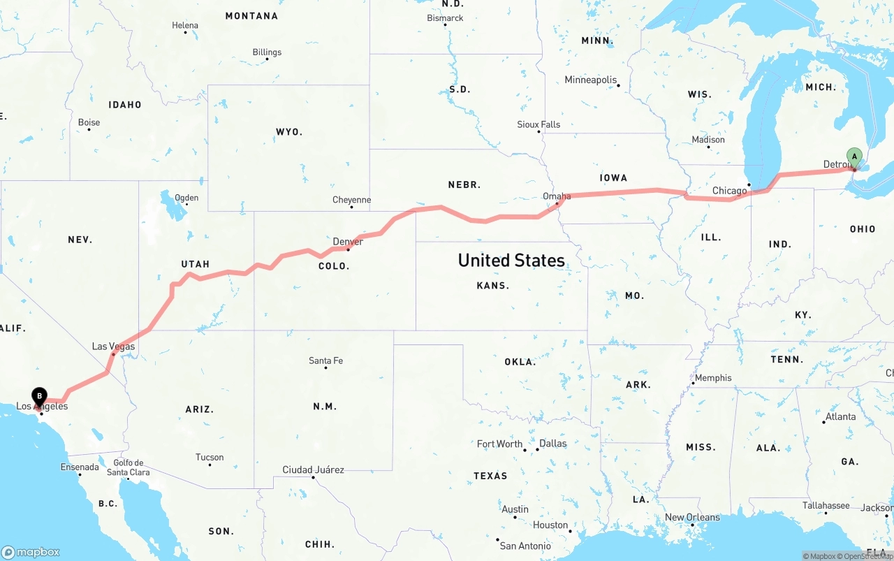 Shipping route from Detroit to Bob Hope Airport