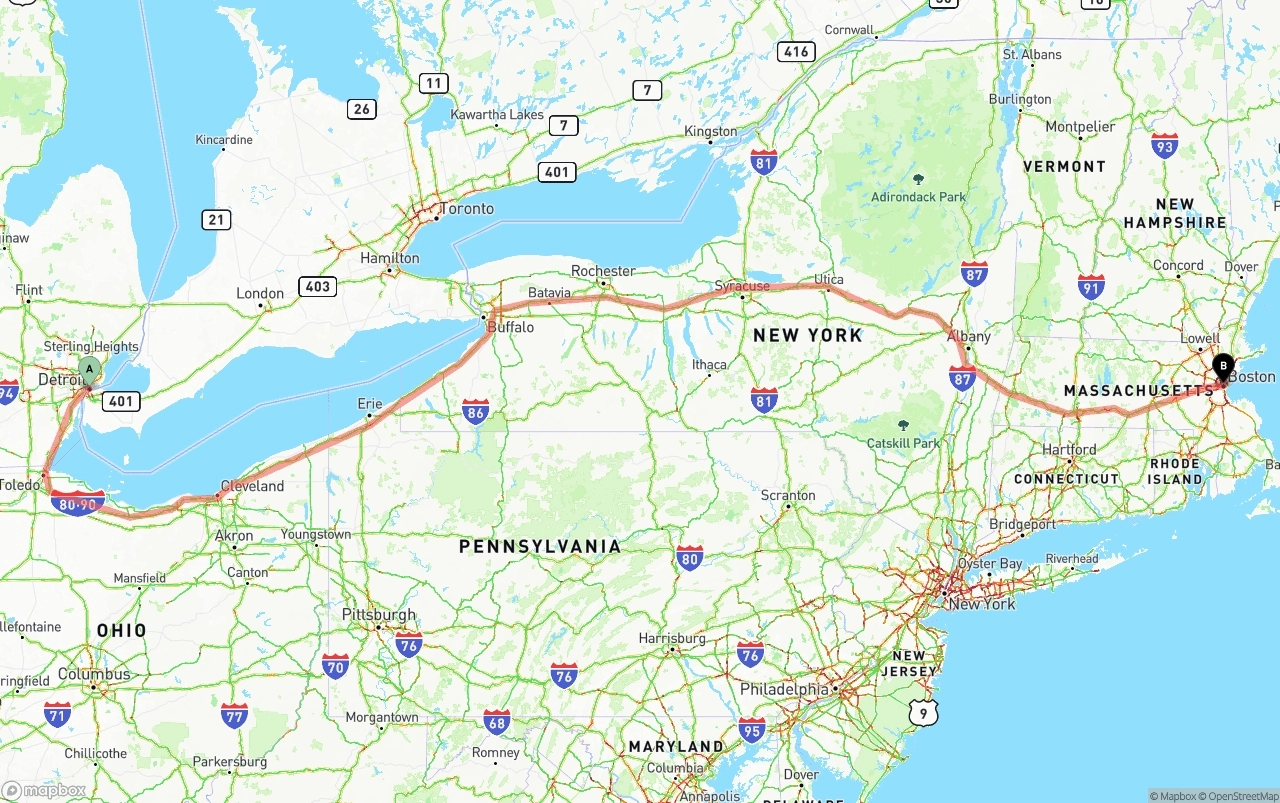 Shipping route from Detroit to Boston