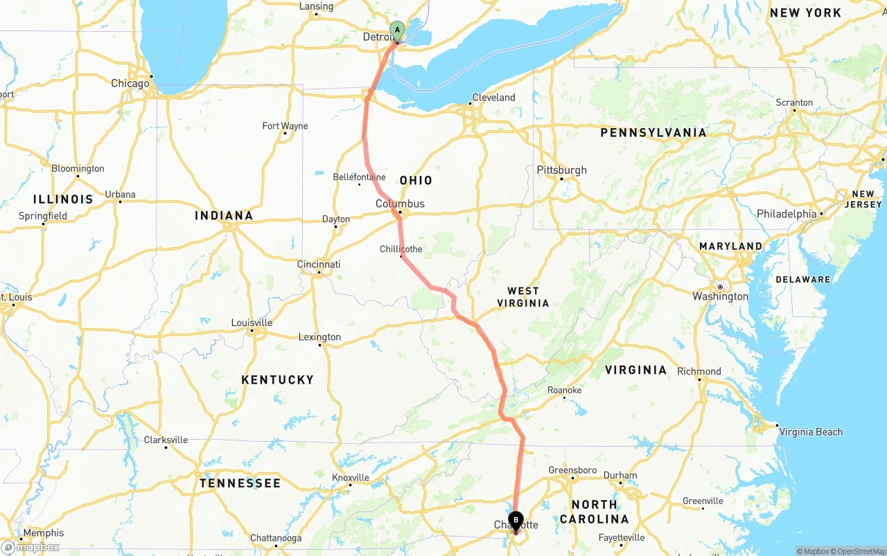 Shipping route from Detroit to Charlotte