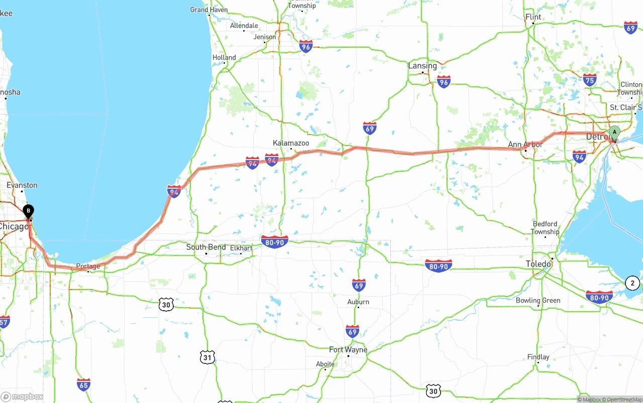 Shipping route from Detroit to Chicago