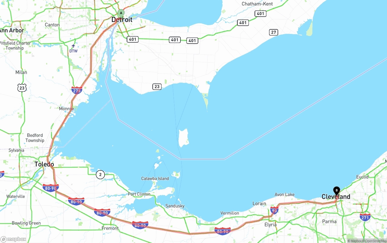Shipping route from Detroit to Cleveland