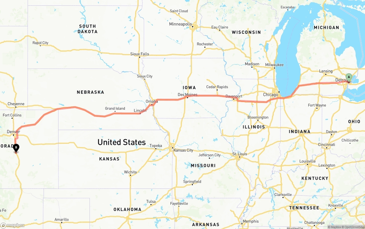Shipping route from Detroit to Colorado Springs