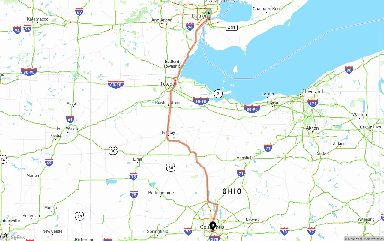 Shipping route from Detroit to Columbus