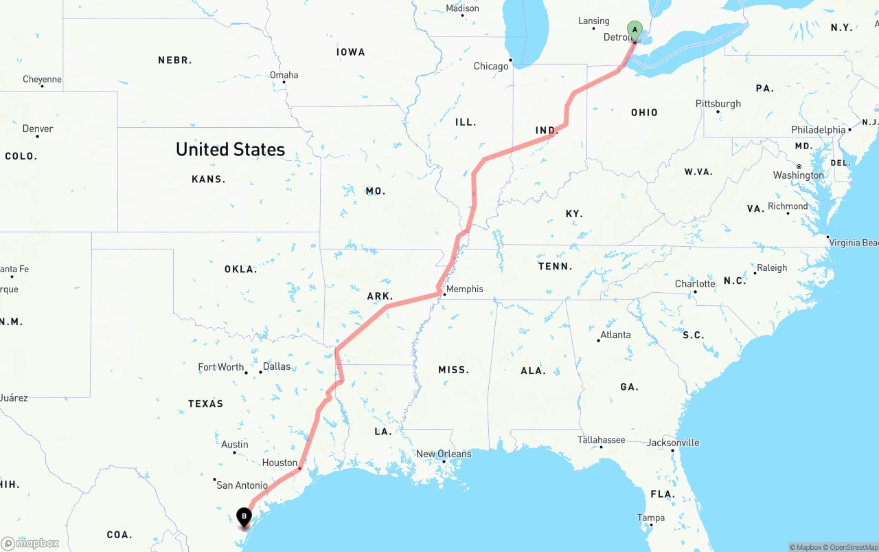 Shipping route from Detroit to Corpus Christi