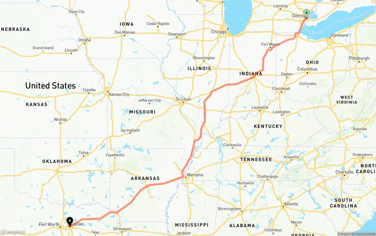 Shipping route from Detroit to Dallas