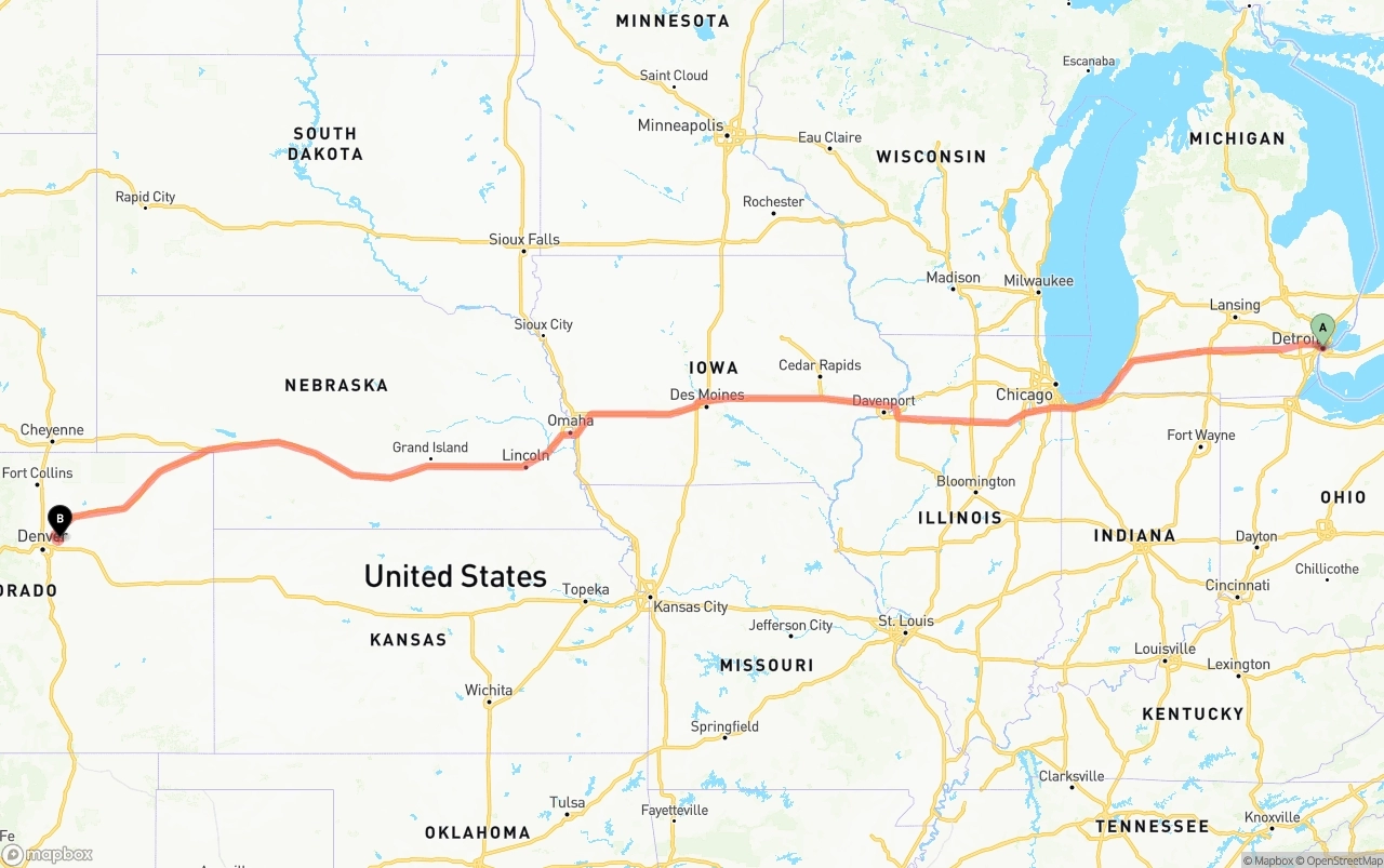 Shipping route from Detroit to Denver International Airport