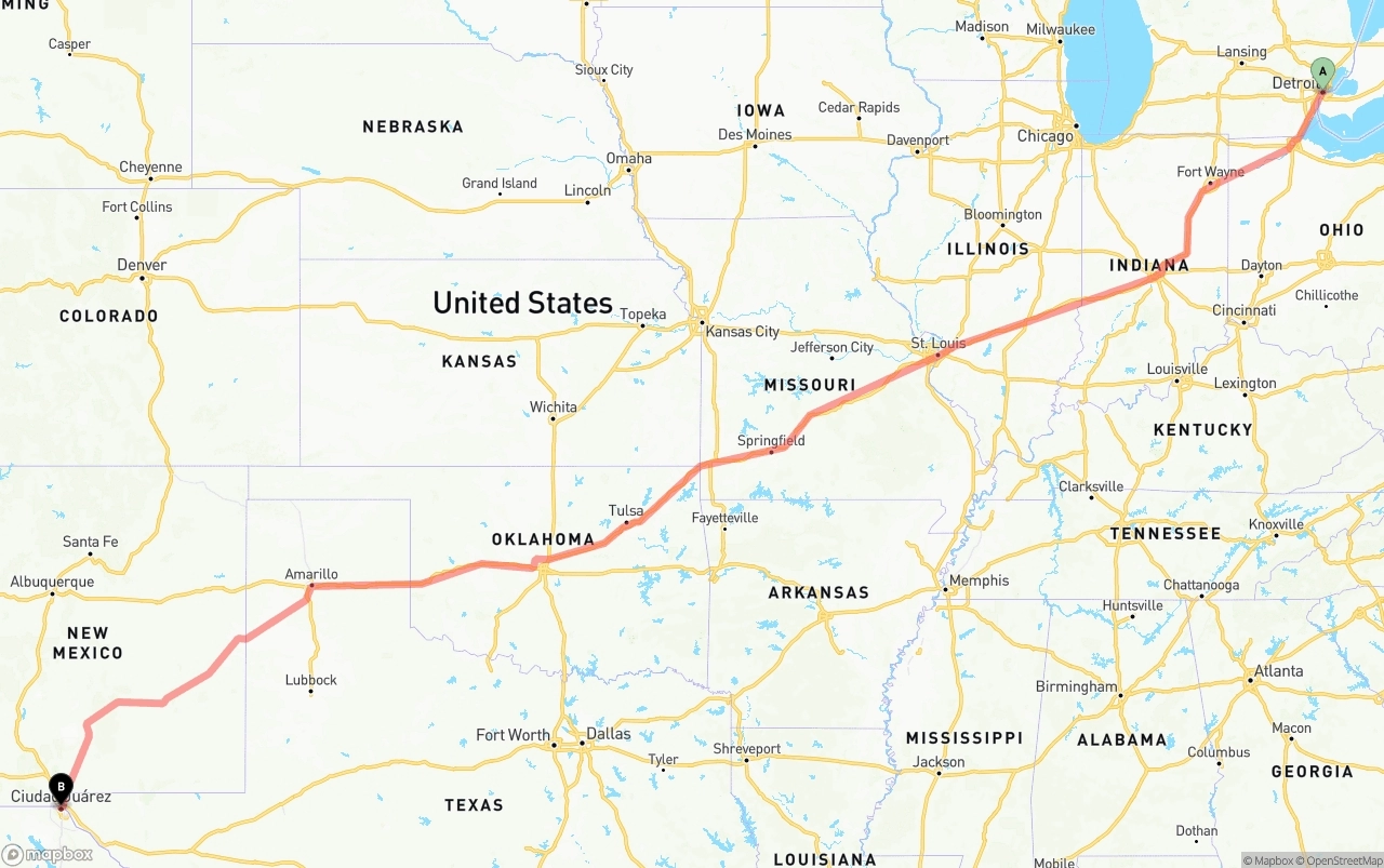 Shipping route from Detroit to El Paso