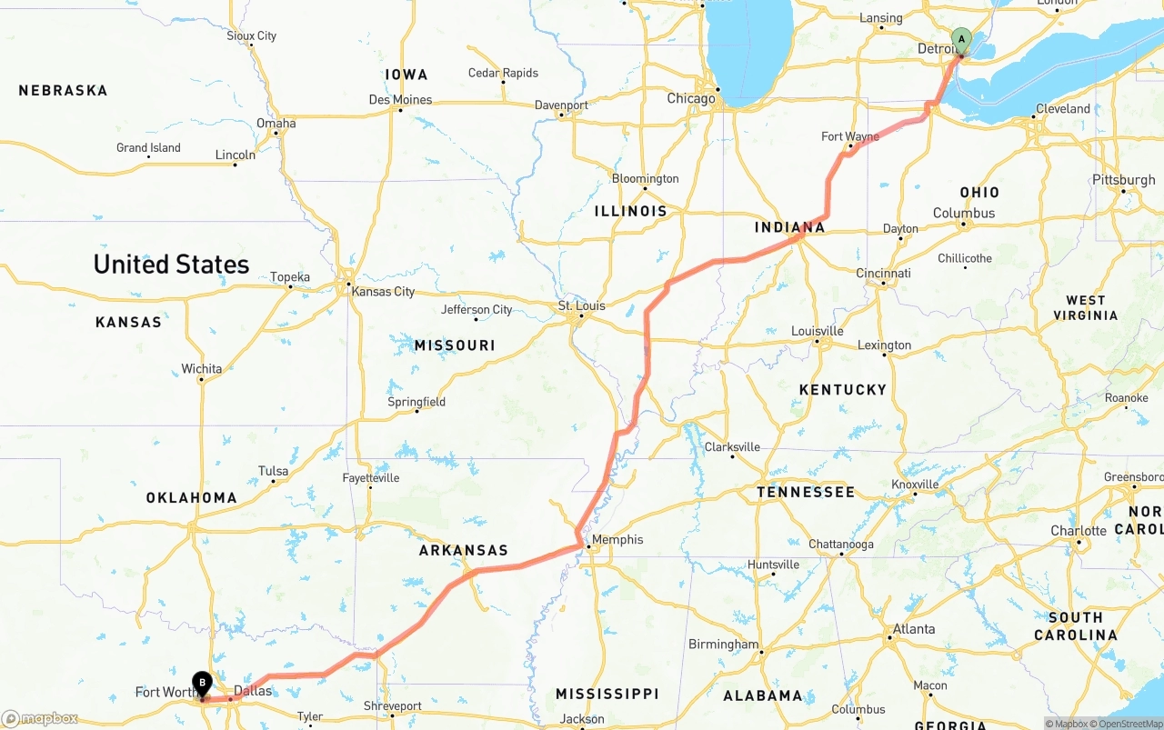 Shipping route from Detroit to Fort Worth