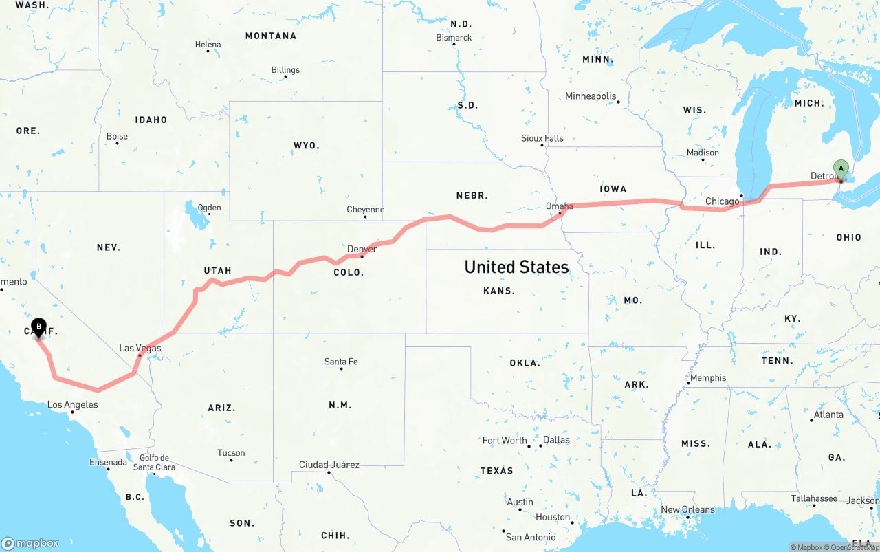 Shipping route from Detroit to Fresno