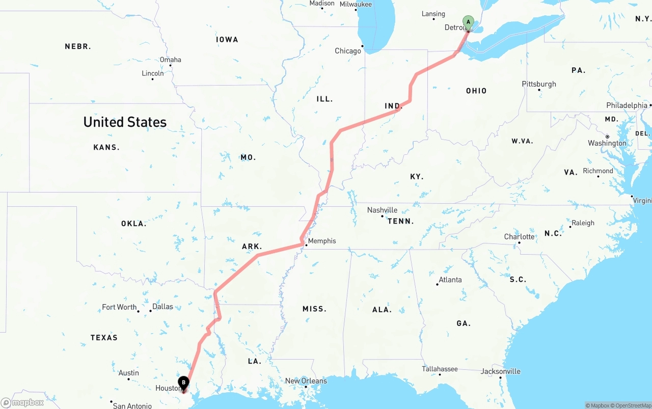 Shipping route from Detroit to Houston