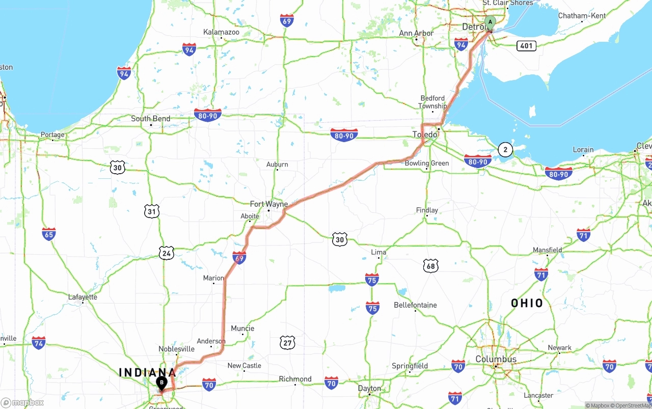 Shipping route from Detroit to Indianapolis