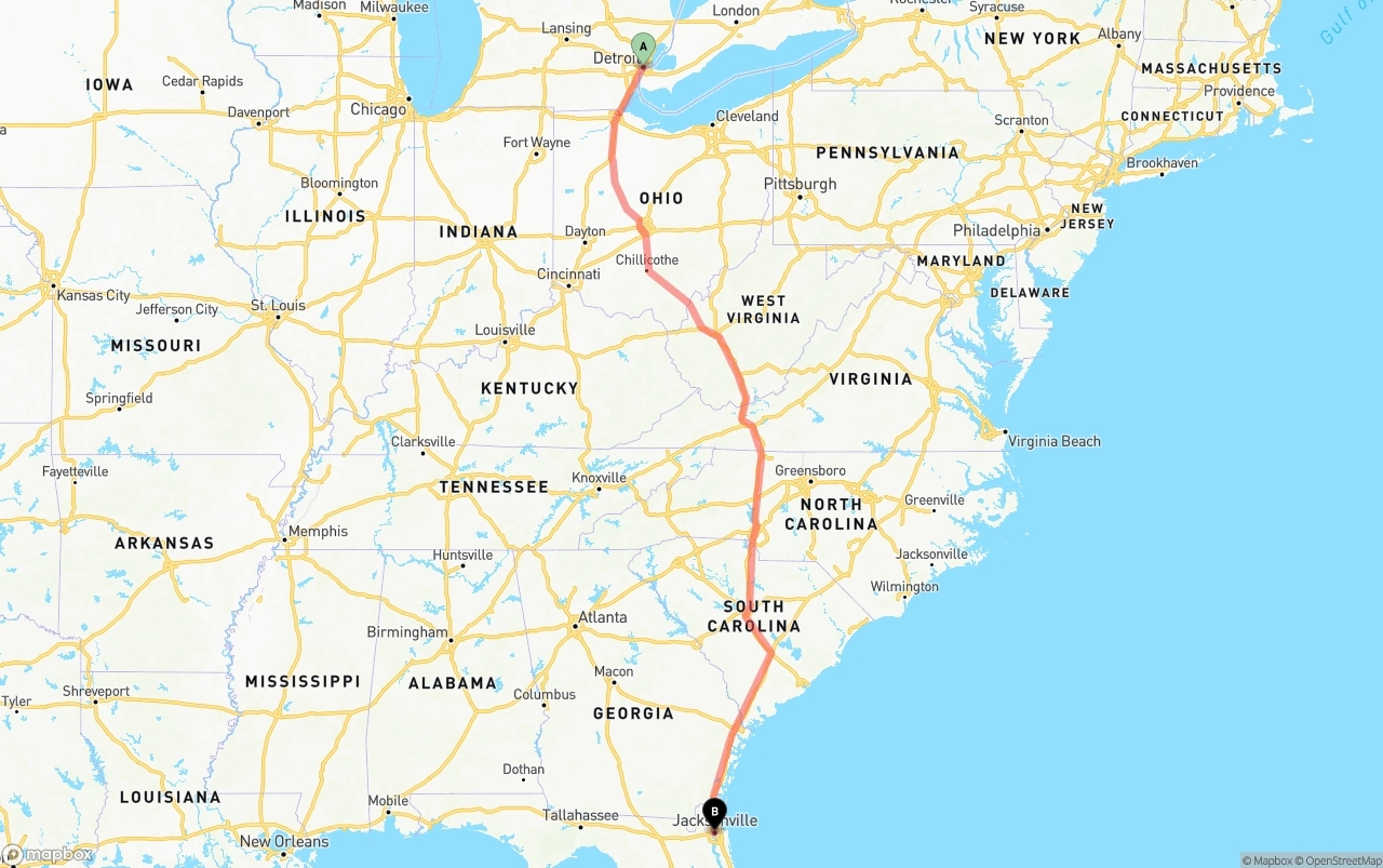 Shipping route from Detroit to Jacksonville