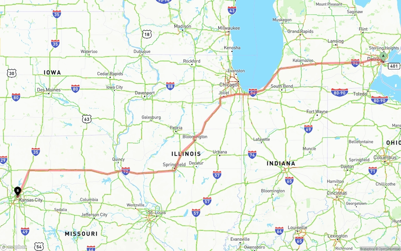 Shipping route from Detroit to Kansas City