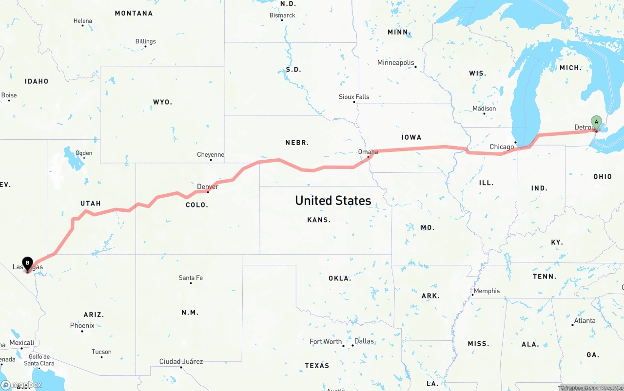 Shipping route from Detroit to Las Vegas