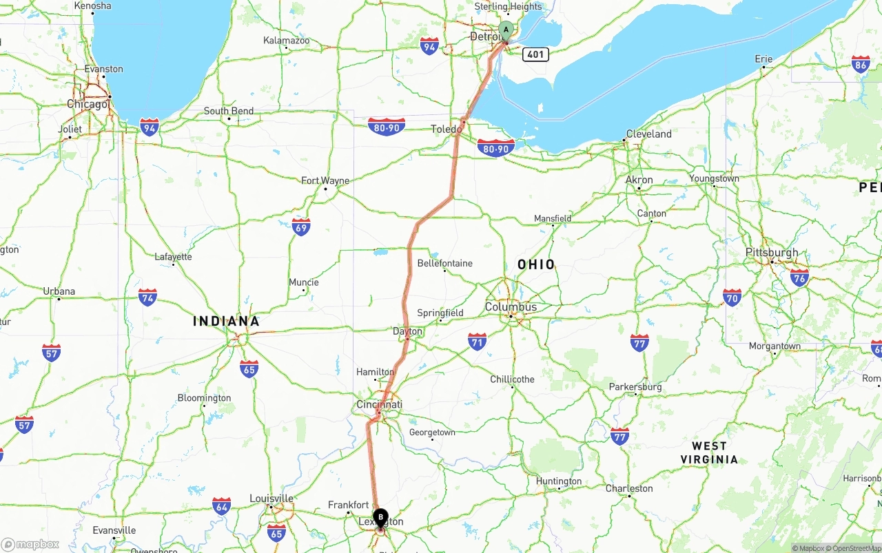Shipping route from Detroit to Lexington
