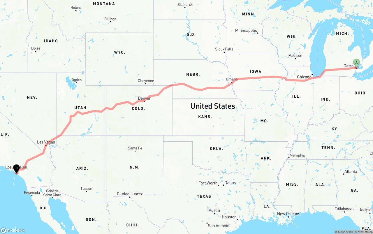 Shipping route from Detroit to Long Beach