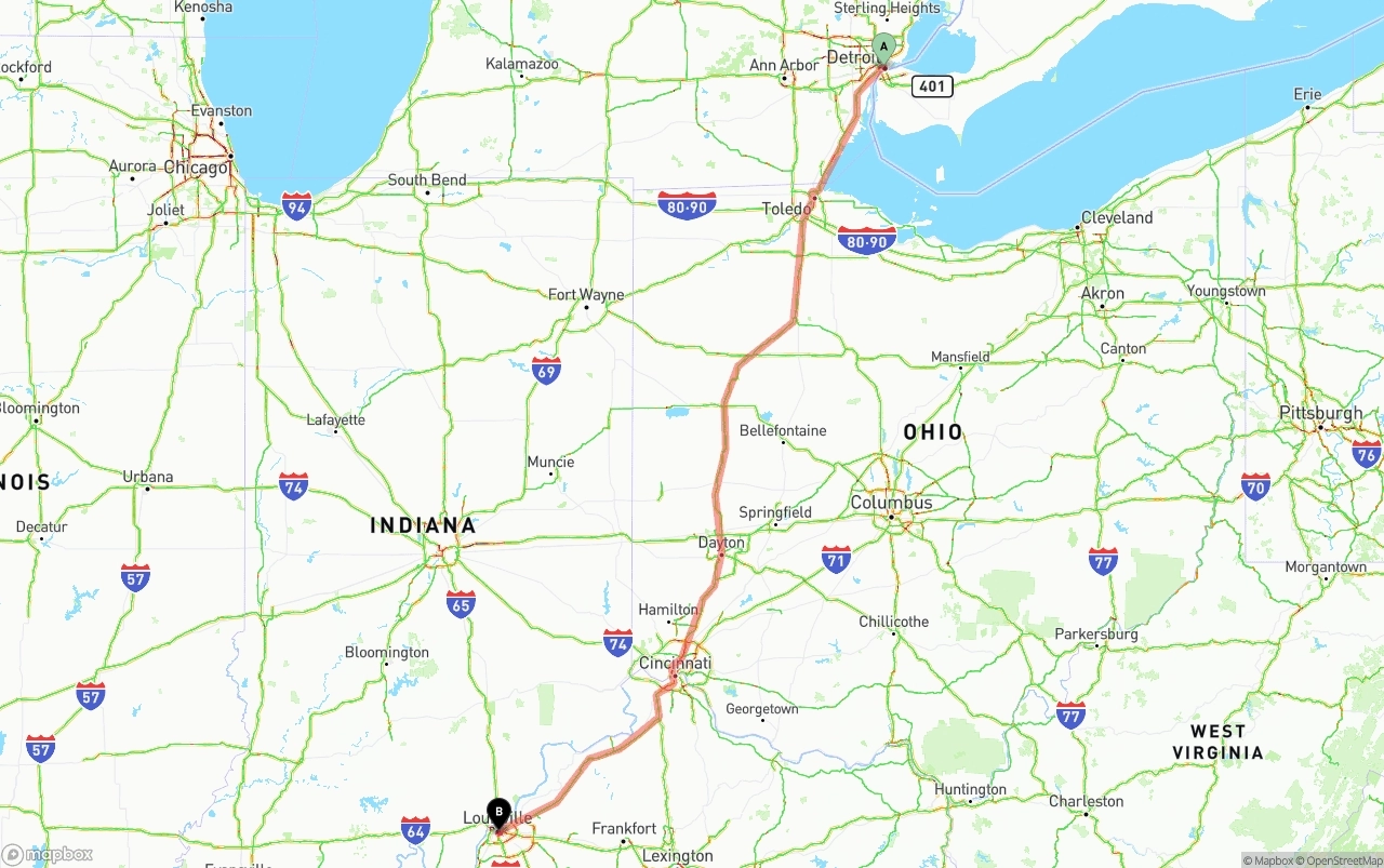 Shipping route from Detroit to Louisville