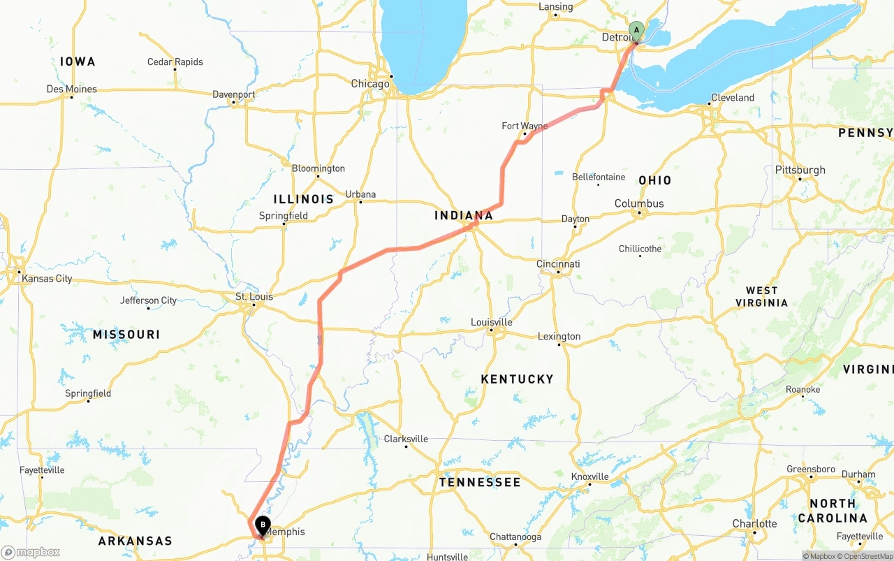 Shipping route from Detroit to Memphis