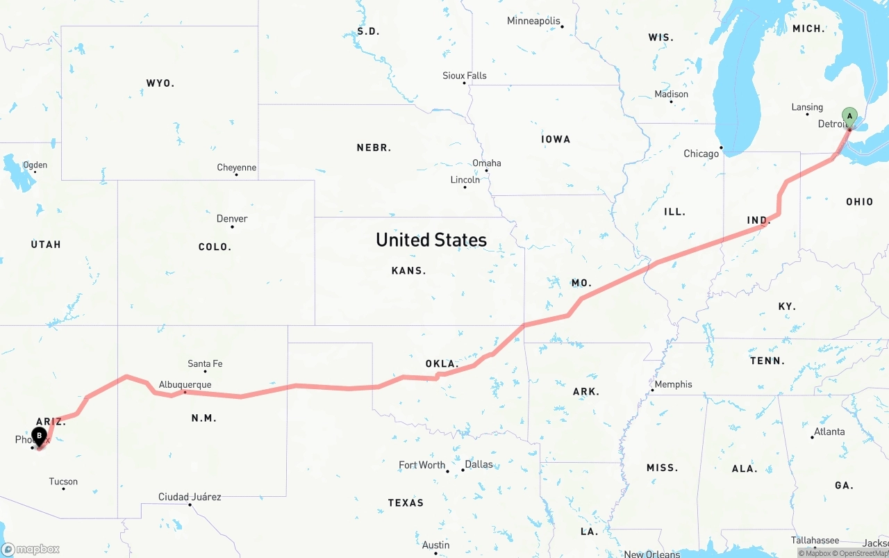 Shipping route from Detroit to Mesa