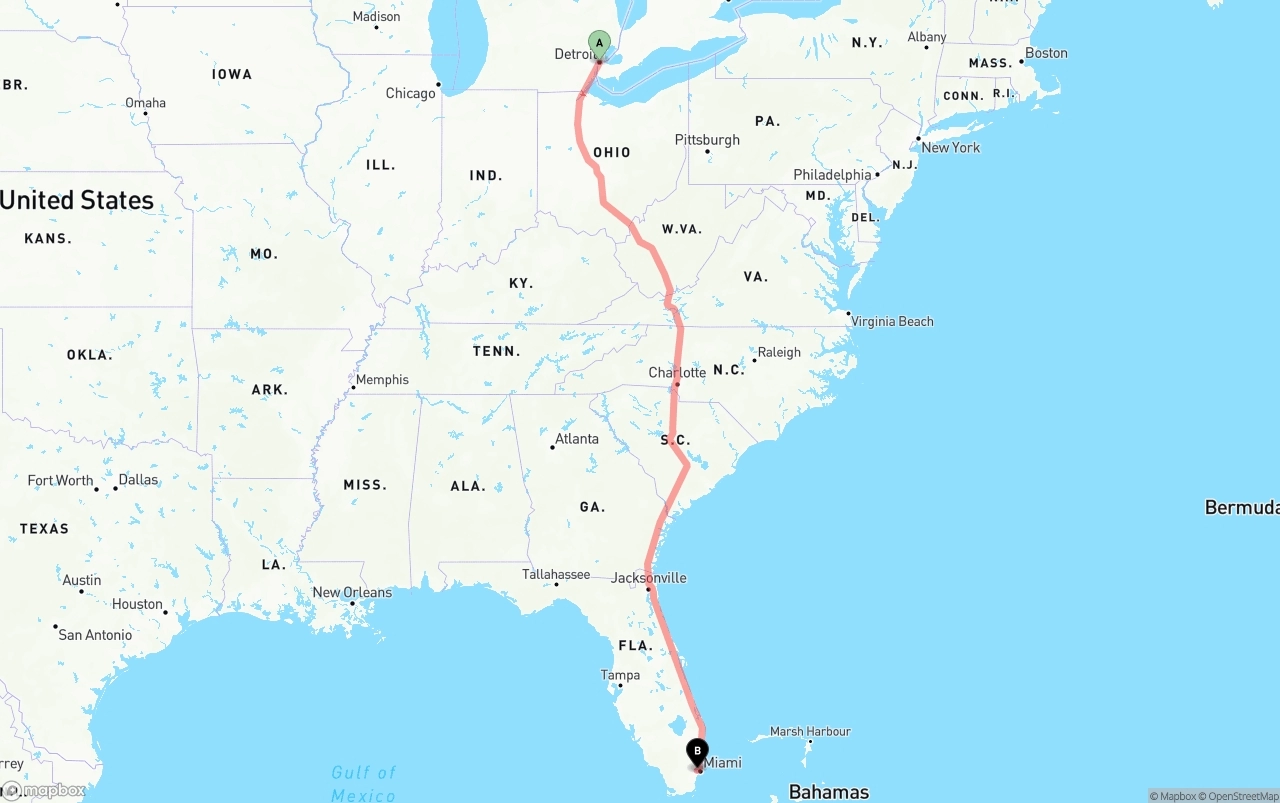 Shipping route from Detroit to Miami International Airport