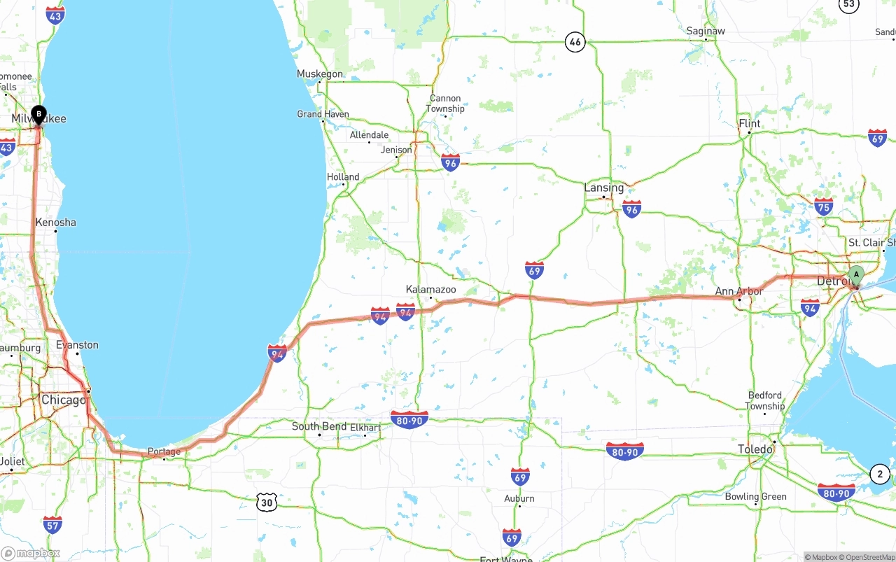 Shipping route from Detroit to Milwaukee