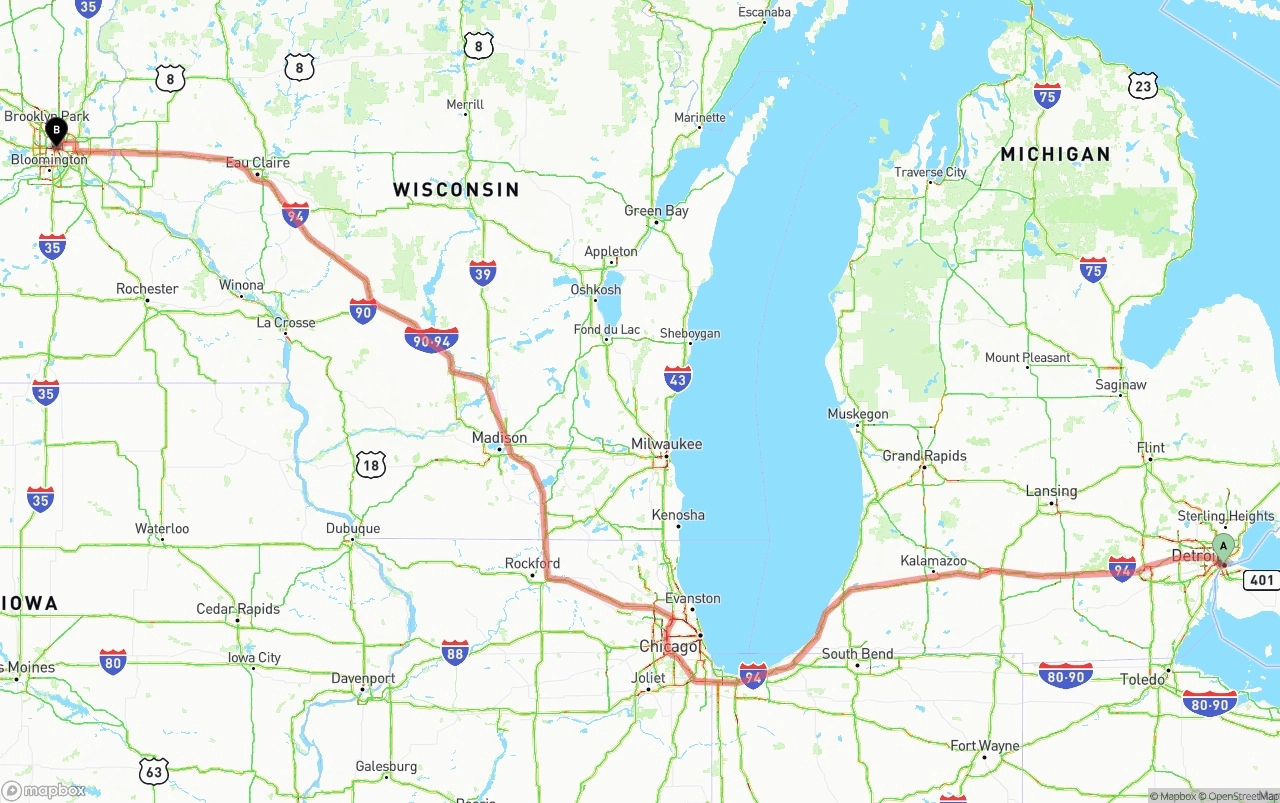Shipping route from Detroit to Minneapolis