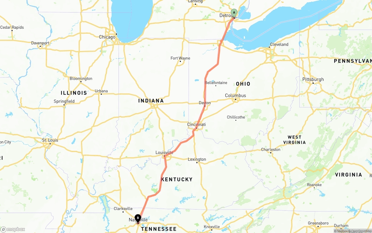 Shipping route from Detroit to Nashville