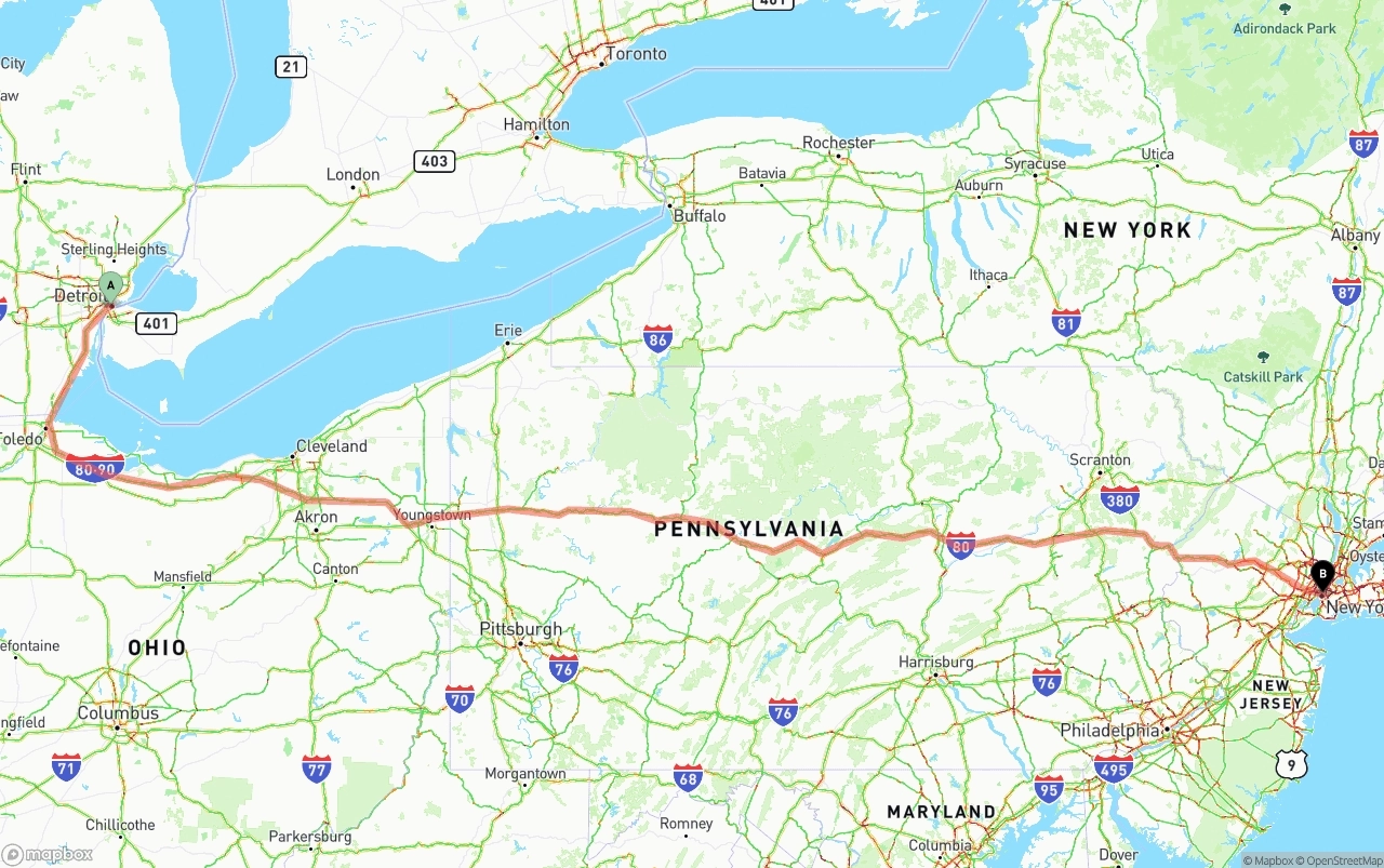 Shipping route from Detroit to New York City