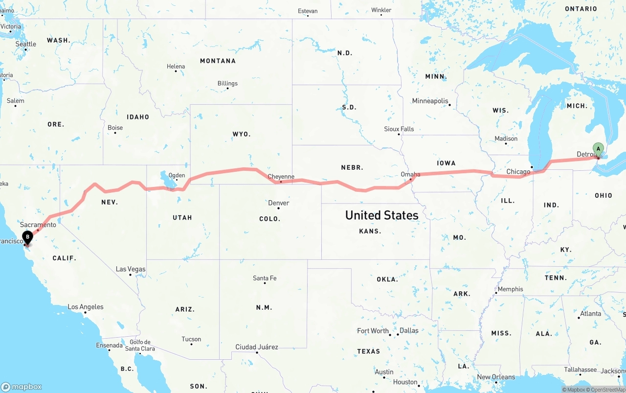 Shipping route from Detroit to Oakland International Airport