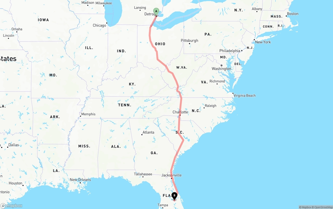 Shipping route from Detroit to Orlando
