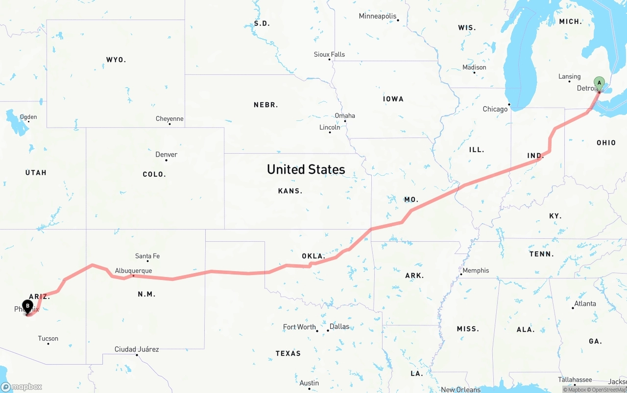 Shipping route from Detroit to Phoenix Sky Harbor International Airport