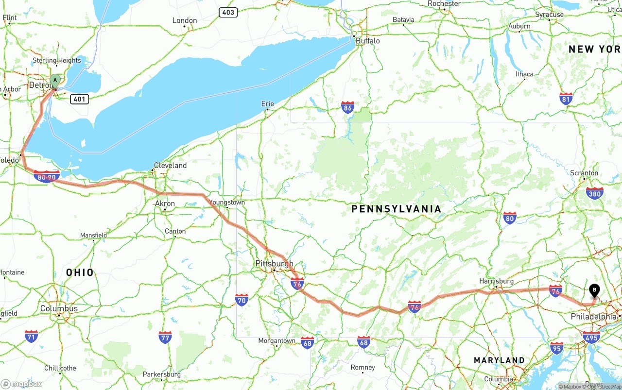 Shipping route from Detroit to Phoenix